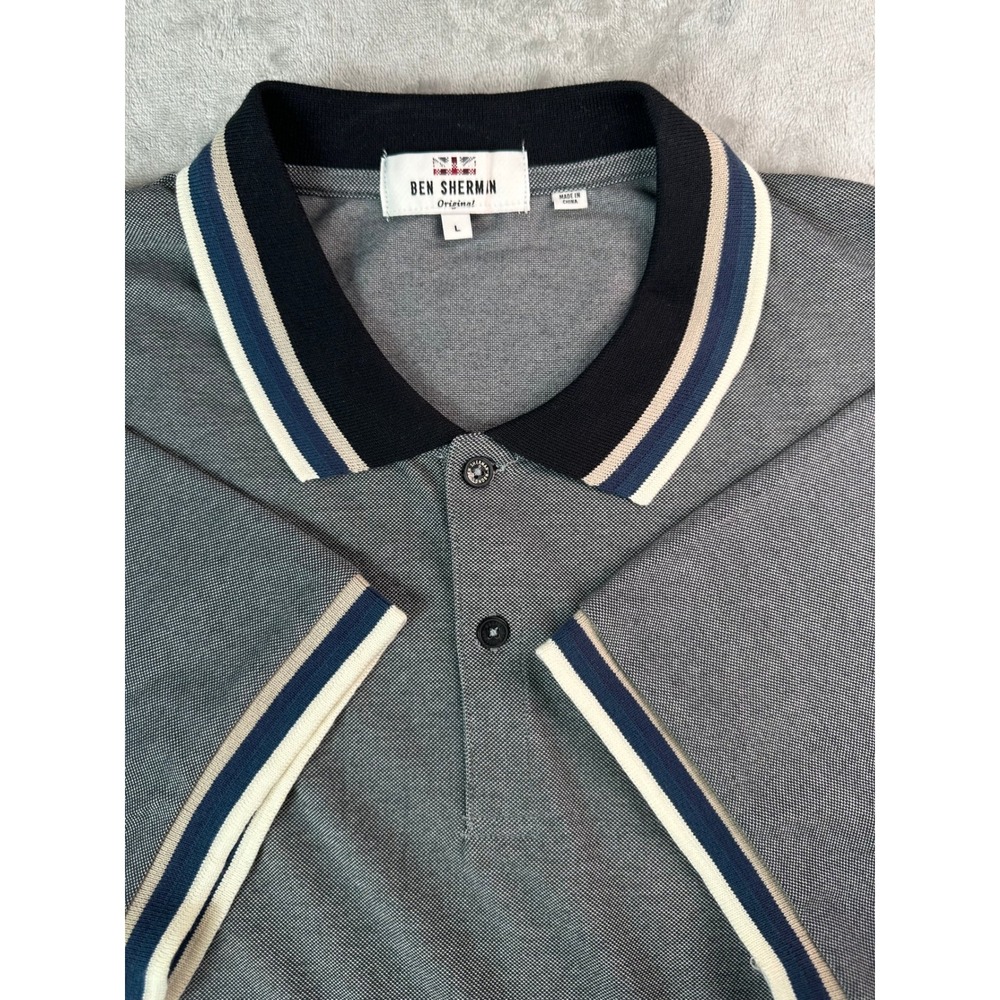 Ben Sherman Polo Shirt Mens Large Gray Black Tipped Collar Short Sleeve Golf